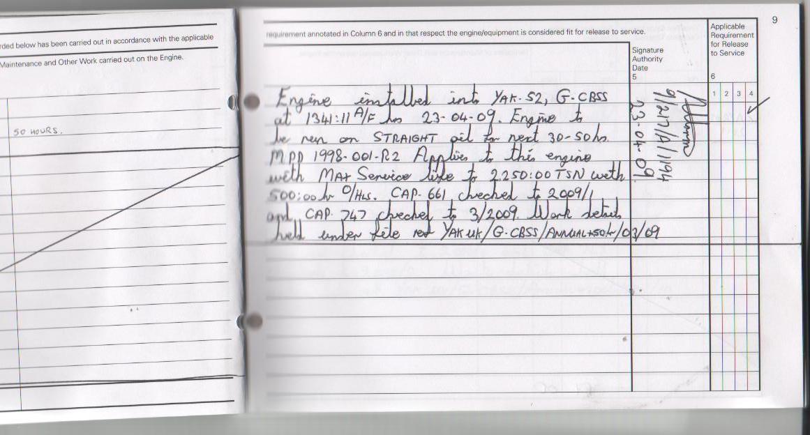 Yak- Engine Log Book M-14P Overhaul 500 hours - Log entry..jpg